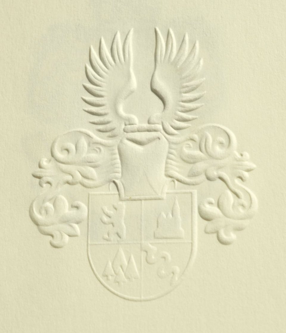 geprägtes Wappen auf einem exclusiven Briefpapier, Teschner-Werkraum Berlin, Baruther Akzidenzen, Ulrich Teschner
