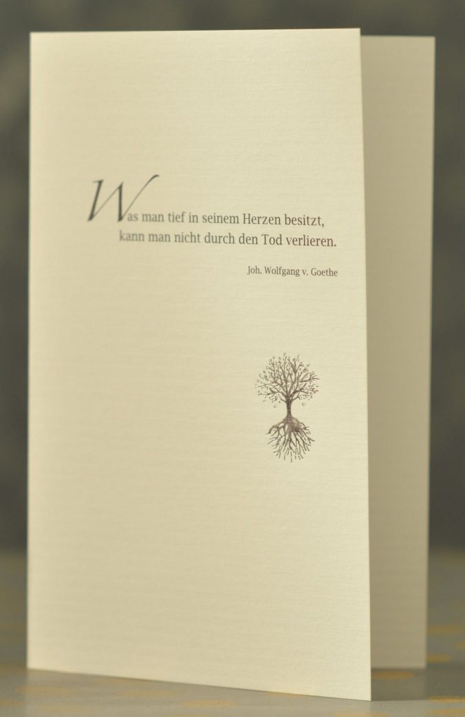 Kondolenzkarte, Baum, Werkraum Berlin, Baruther Akzidenzen, weiß gerippter Karton, Baum silbern, original Letterpress, Ulrich Teschner