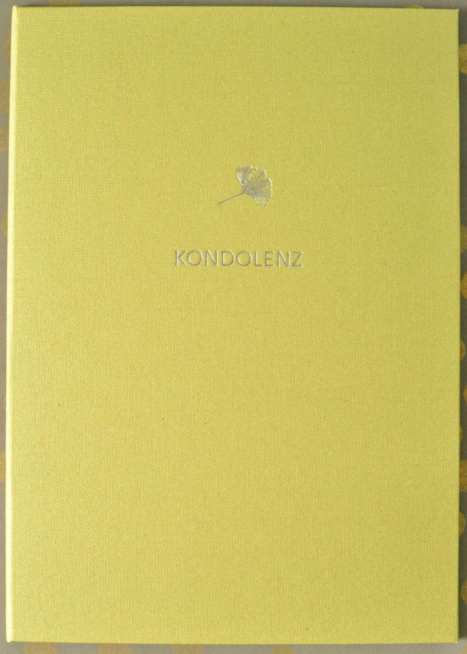 Kondolenzbuch brilliantgelbgrün, Motiv Gingkoblatt, Teschner Werkraum Berlin, Baruther Akzidenzen, Ulrich Teschner